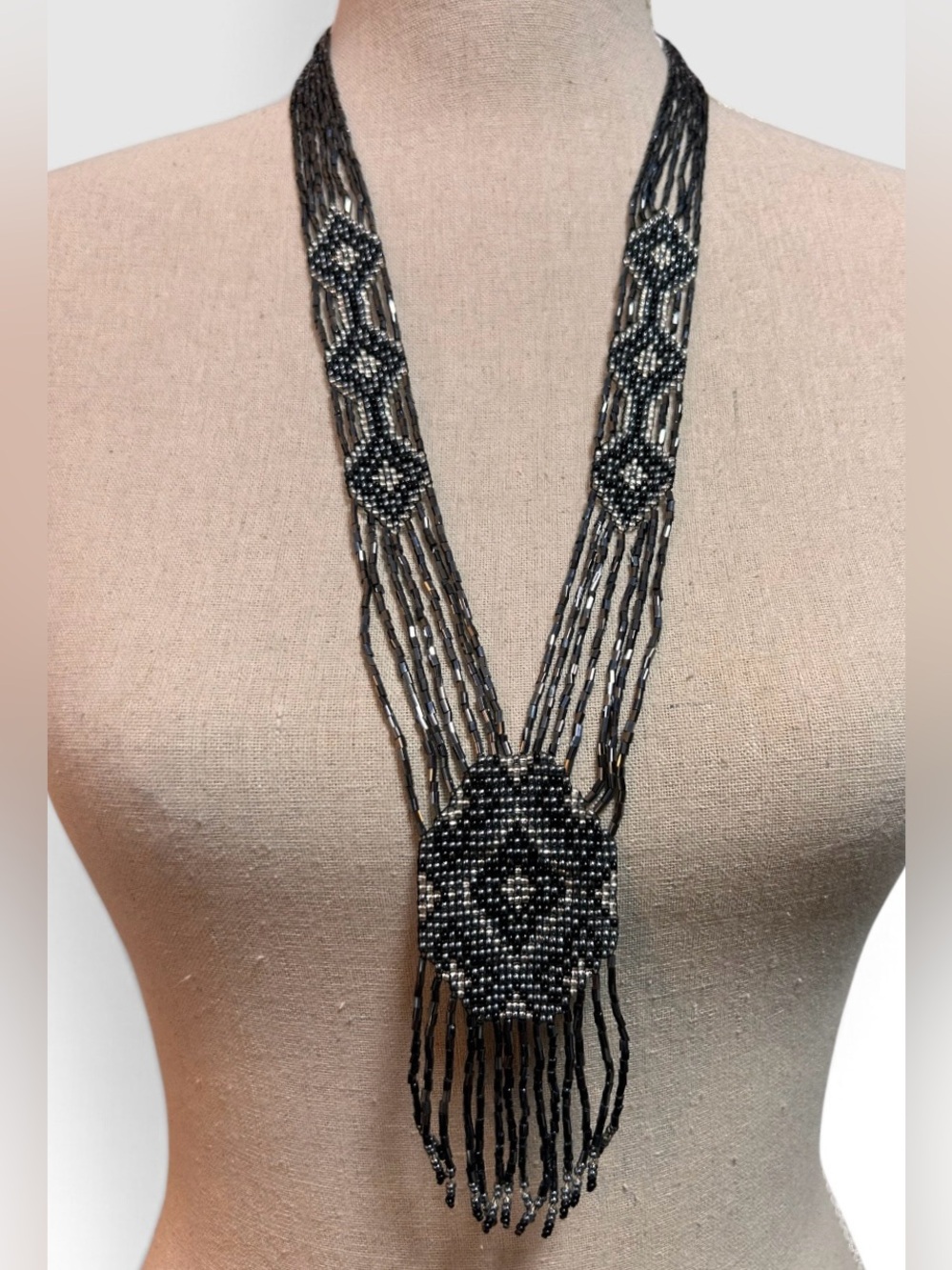 Handmade Beaded Gerdan Necklace Black Silver Folk Art, Seed Bead Lariat